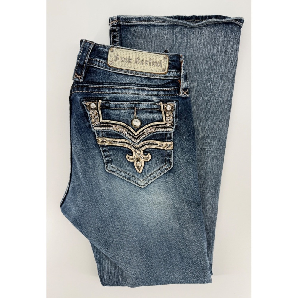 Rock Revival Jeans Womens 27 Blue Posey Easy Boot Embellished Sequin Flap Pocket